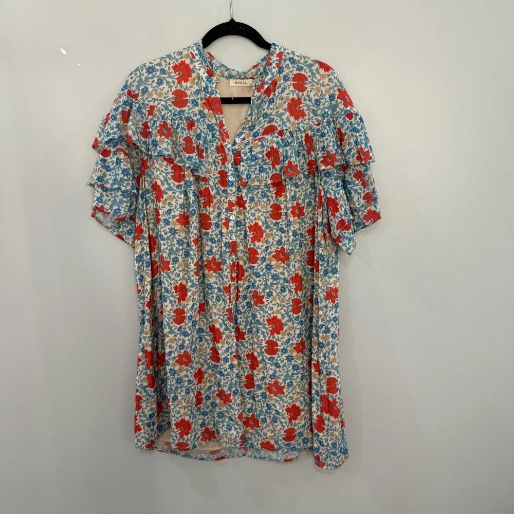 Spell Dress Village Mini Ruffle in Sky Blue Red Floral